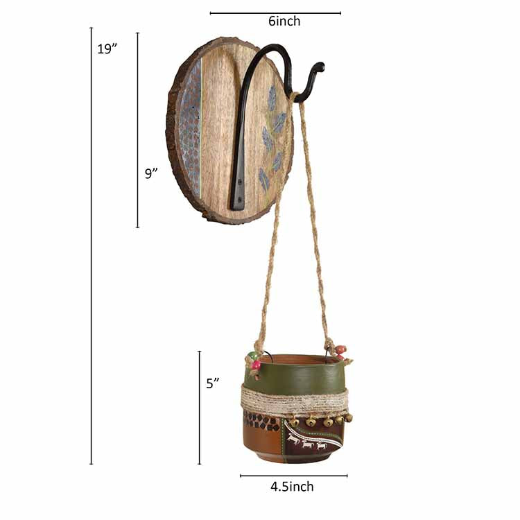 Jute Embellished Brown Earthen Planter on a Round Wall Hook - Decor & Living - 4