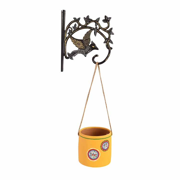 Yellow Warli Terracotta Hanging Planter with Metal Stand - Decor & Living - 3