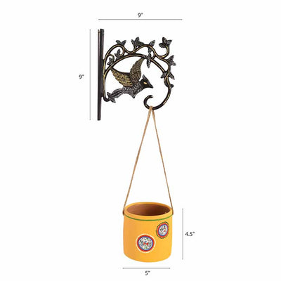Yellow Warli Terracotta Hanging Planter with Metal Stand - Decor & Living - 4
