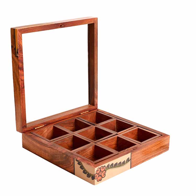 Jewellery Box Handcrafted 9 Slots Madhubani Wooden - Storage & Utilities - 3