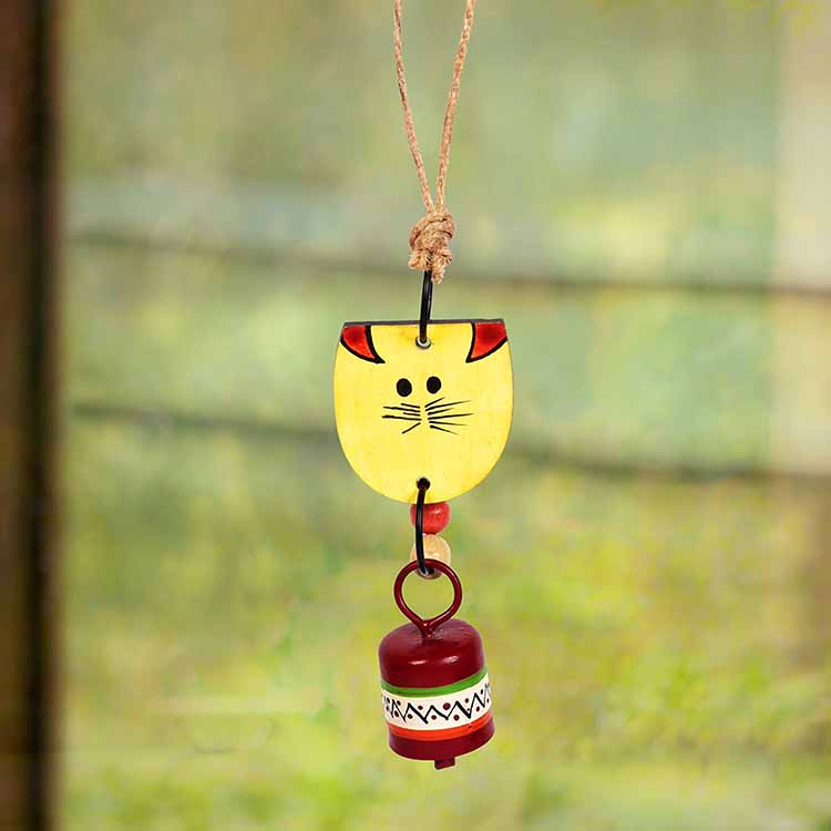 Handpainted Yellow Wild Cat Wind Chimes with Metal Bell - Accessories - 2