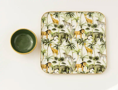 Square Shaped Jungle Safari Print Metal Platter with Aluminium Dip Bowl - Dining & Kitchen - 3