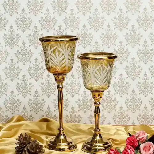 Set of 2 Sparkle Glass Candle Holder with Metal Stand