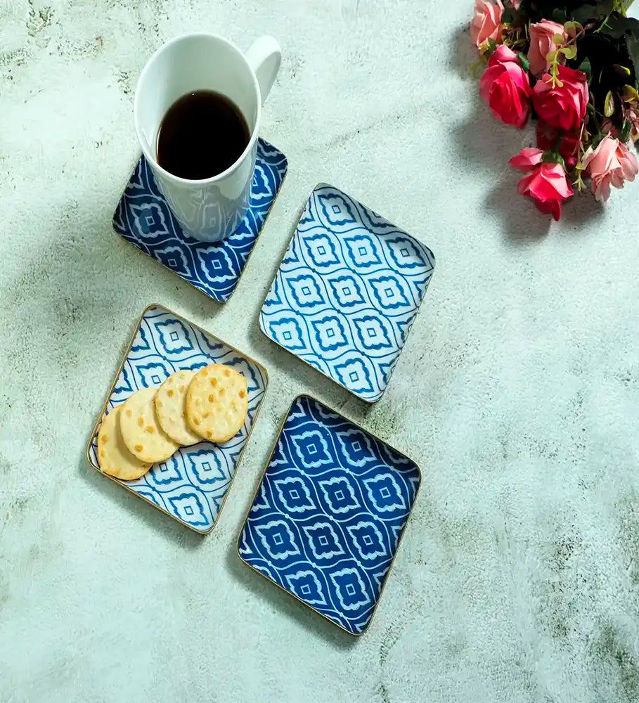 Set of 4 Square Blue & White Ikat Print Metal Coaster - Dining & Kitchen - 2