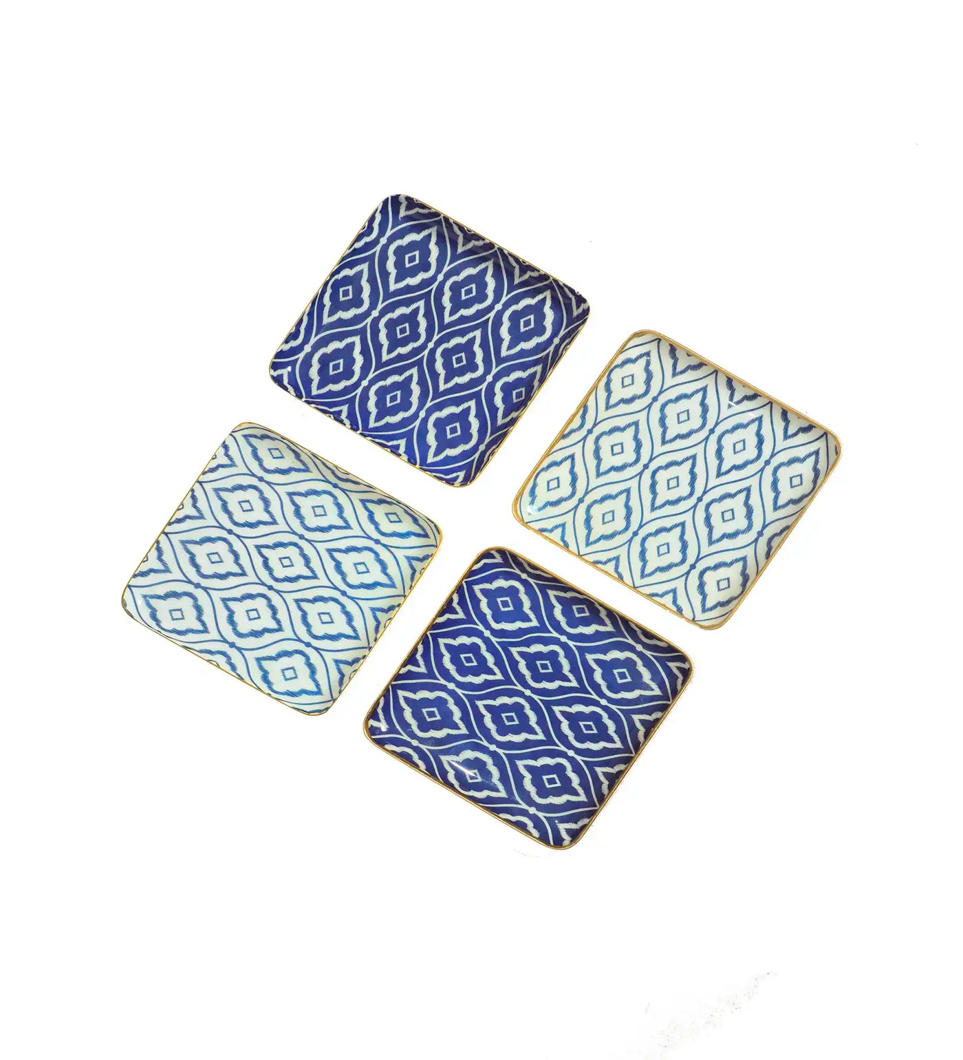 Set of 4 Square Blue & White Ikat Print Metal Coaster - Dining & Kitchen - 6