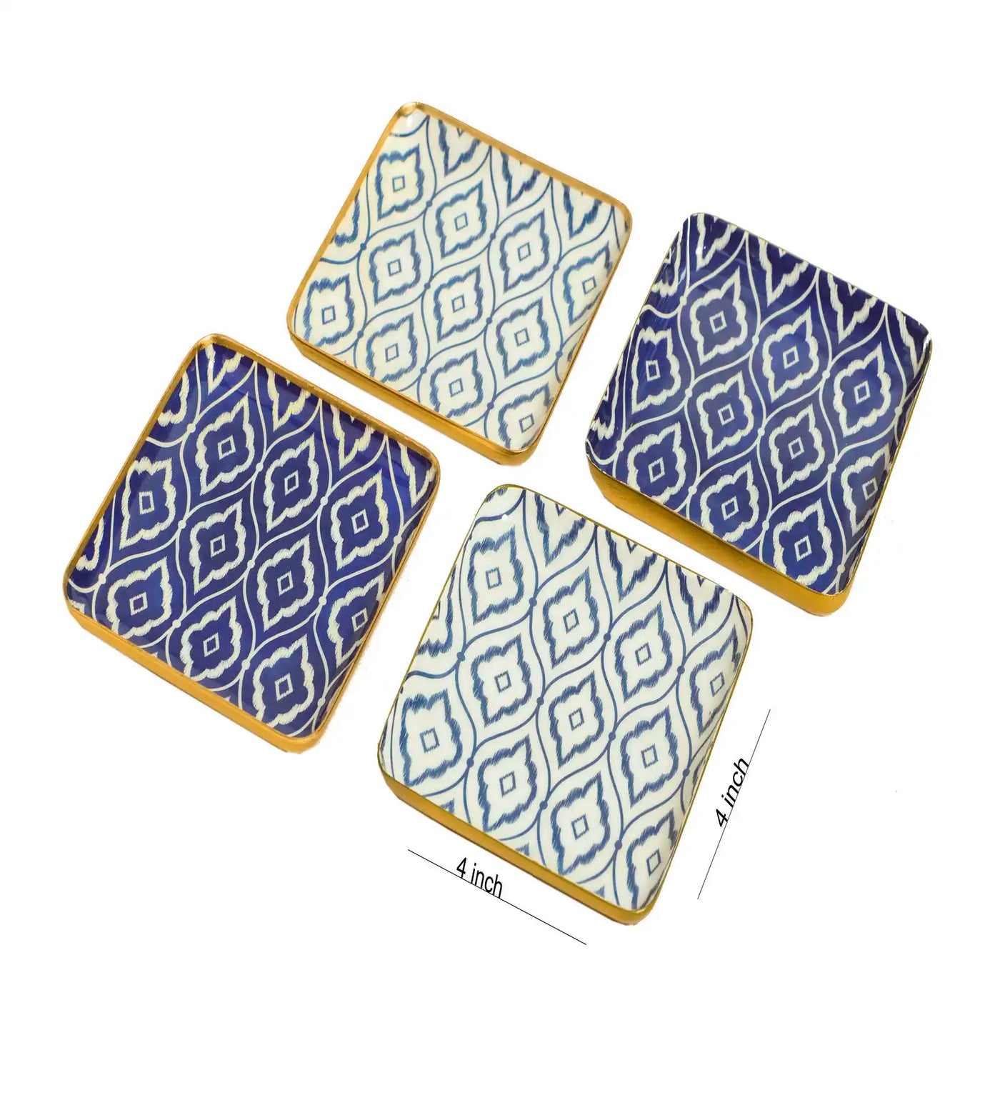 Set of 4 Square Blue & White Ikat Print Metal Coaster - Dining & Kitchen - 4
