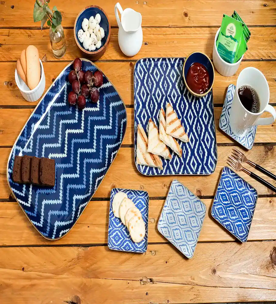 Set of 4 Square Blue & White Ikat Print Metal Coaster - Dining & Kitchen - 3