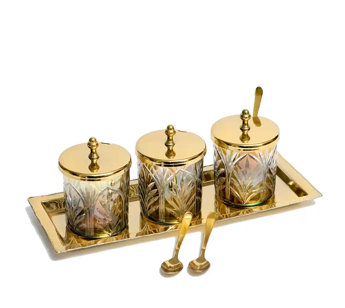 Set of 3 Sparkle Glass Jars with Brass Tray