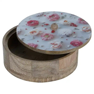 Flower Printed Mango Wood & Steel Roti Box With Tong