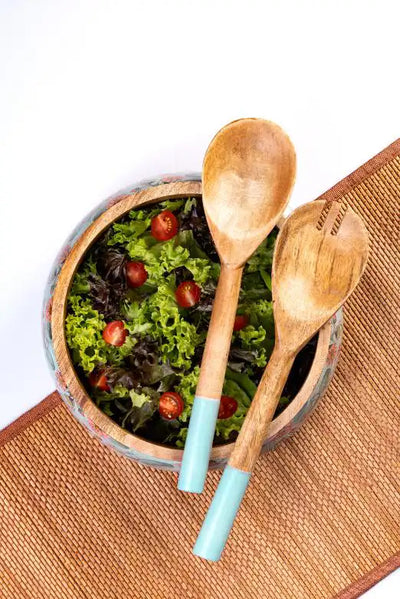 Salad Bowl + Server Set Wooden Blissful Blooms