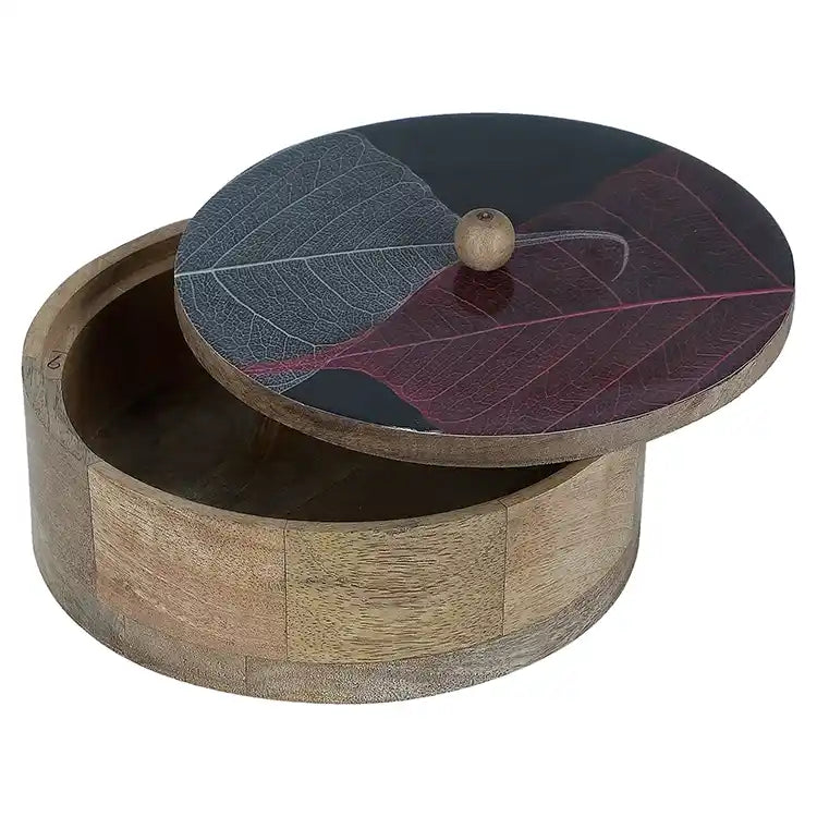 Leaves Printed Mango Wood & Steel Roti Box With Tong