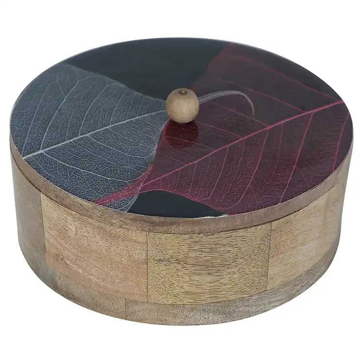 Leaves Printed Mango Wood & Steel Roti Box With Tong
