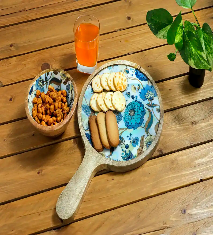 Round Blue Floral Wooden Platter - Dining & Kitchen - 2
