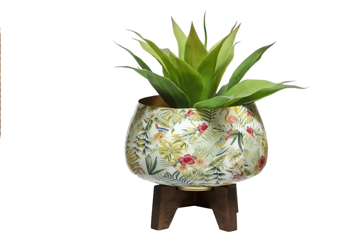 Tropical Paradise Print Iron Table Planter with Wooden Stand