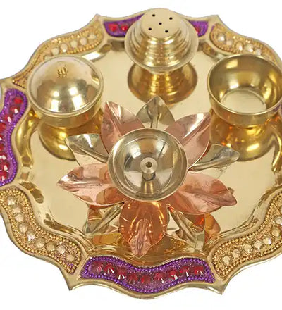 Purple & Gold Brass Pooja Thali