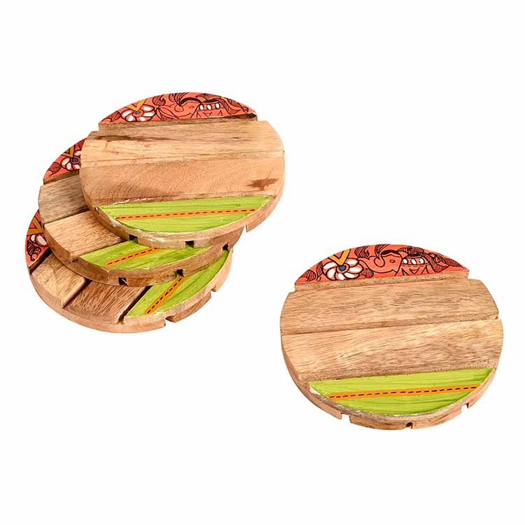 Coaster Round Wooden Handcrafted with Madhubani Art - Set of 4 (4x4") - Dining & Kitchen - 5