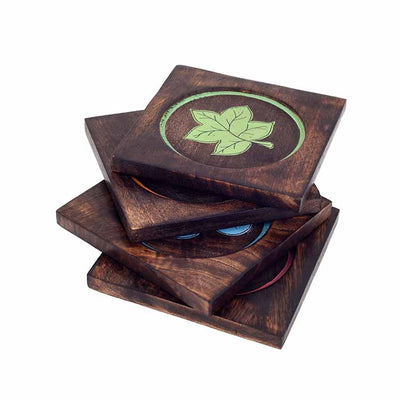 Multicolour Leaf Pattern Coasters - Set of 4 (4.2x4.2x0.3") - Dining & Kitchen - 6