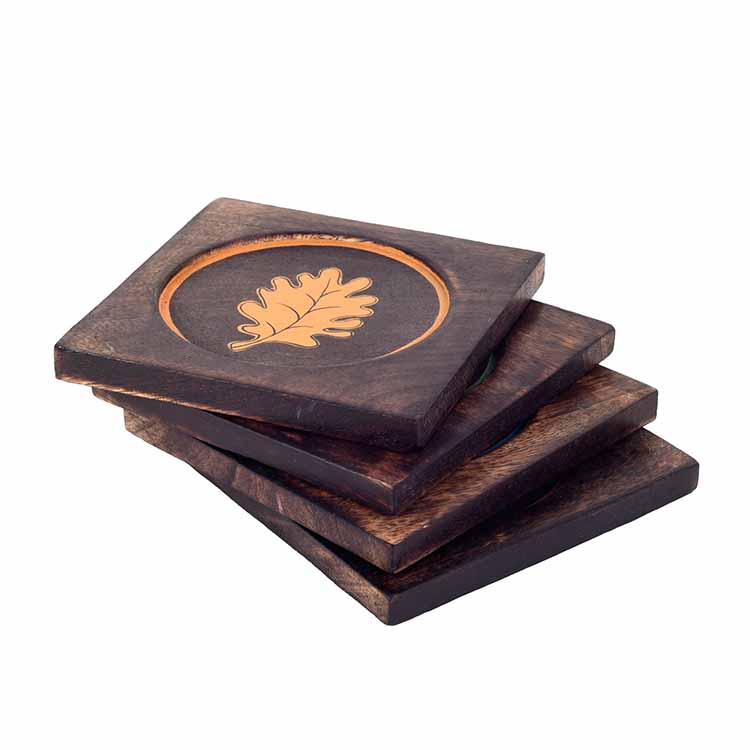 Multicolour Leaf Pattern Coasters - Set of 4 (4.2x4.2x0.3") - Dining & Kitchen - 3