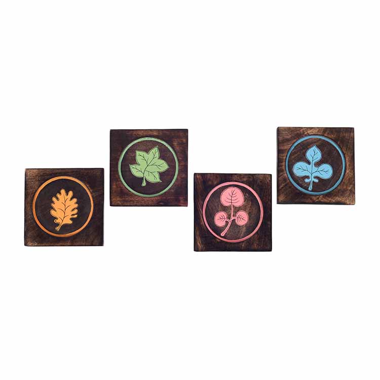 Multicolour Leaf Pattern Coasters - Set of 4 (4.2x4.2x0.3") - Dining & Kitchen - 4