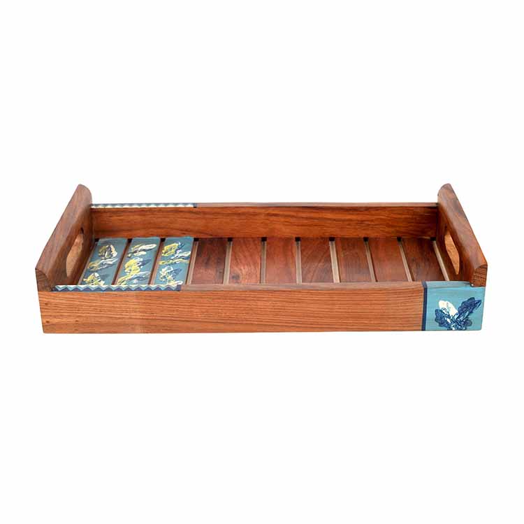 Tray Handpainted with Leaves Motifs Handcrafted in Sheesham Wood (13x7.2") - Dining & Kitchen - 3