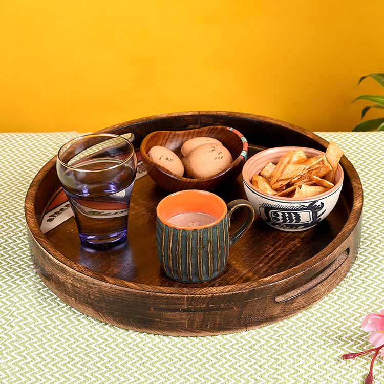 Tray Round Shape Handpainted with Tribal Art Handcrafted in Mango Wood (14x14") - Dining & Kitchen - 2