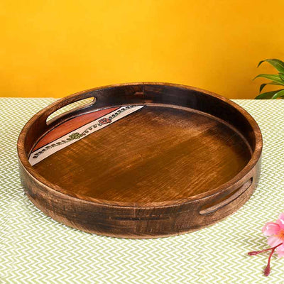 Tray Round Shape Handpainted with Tribal Art Handcrafted in Mango Wood (14x14") - Dining & Kitchen - 3
