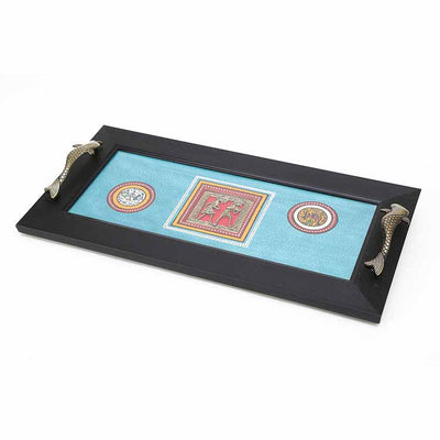 Tray Handcrafted & Framed with Dhokra Motifs & Fish Handles, Blue (18x9") - Dining & Kitchen - 3