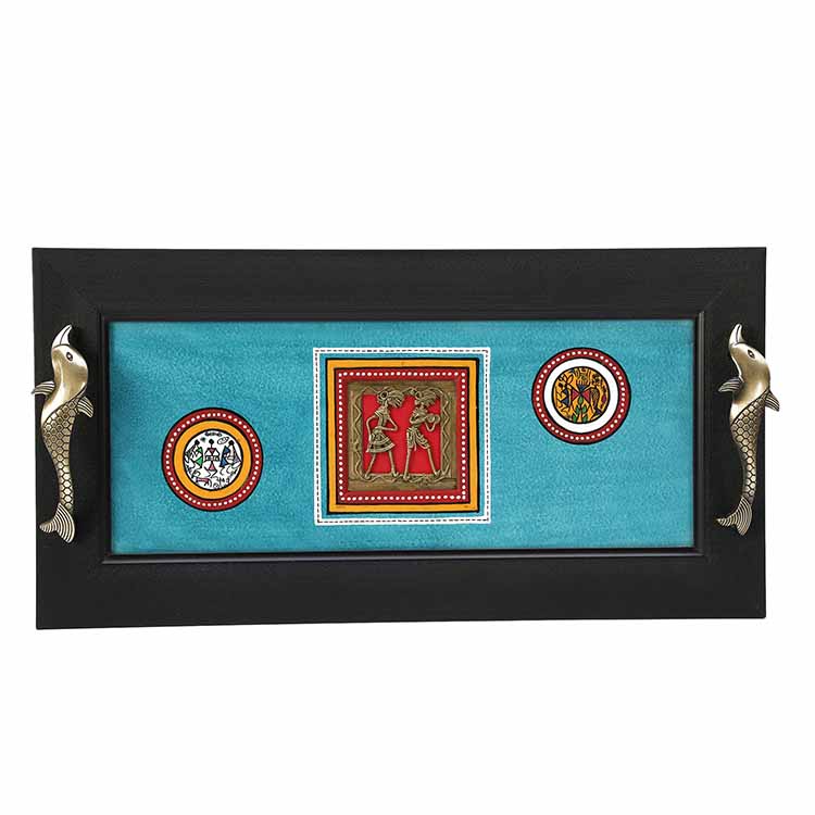 Tray Handcrafted & Framed with Dhokra Motifs & Fish Handles, Blue (18x9") - Dining & Kitchen - 2