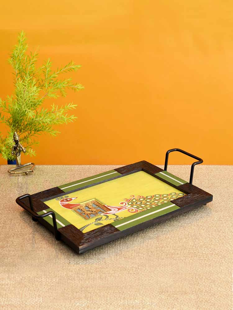 Serving Tray Madhubani Art with Easy Handle (18x10x3") - Dining & Kitchen - 2