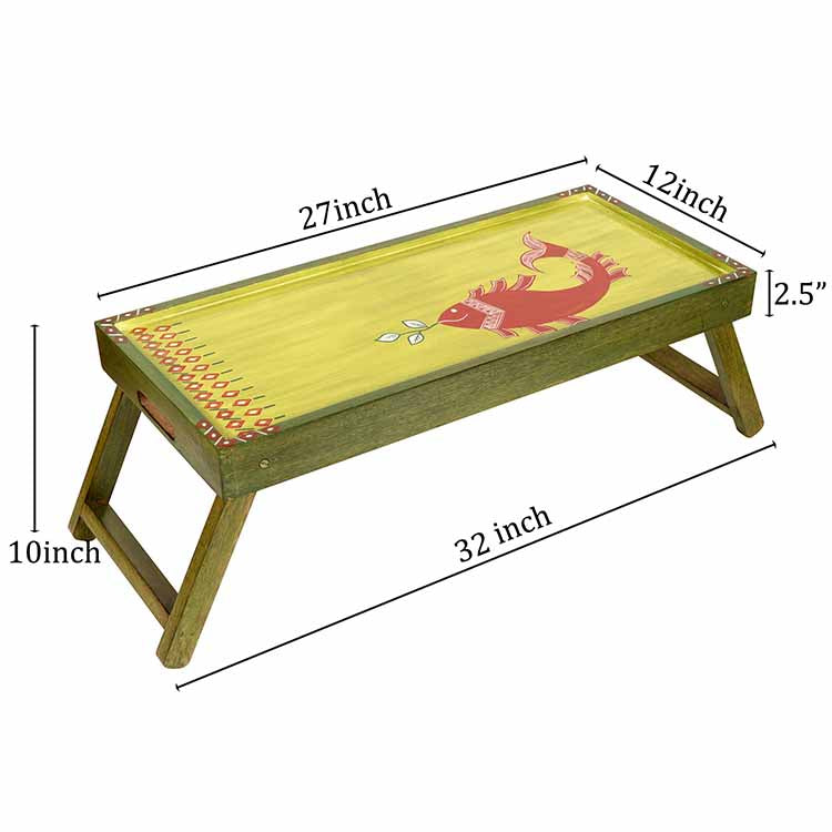 Madhubani Folding Breakfast Tray in Lime Green Hue (32x12x10) - Storage & Utilities - 4