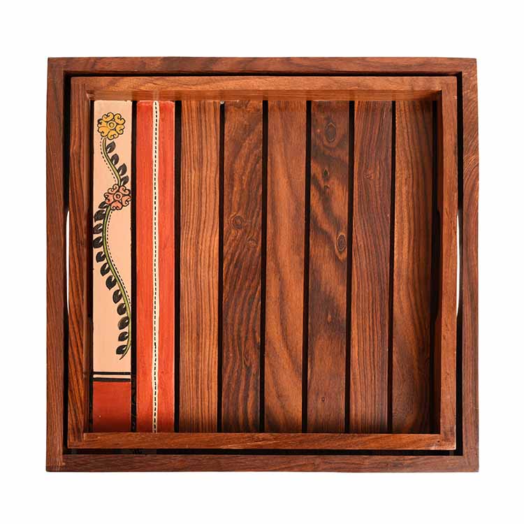 Trays with Tribal Art Handcrafted in Rosewood - Set of 2 (12x12/10.6x10.6") - Dining & Kitchen - 4