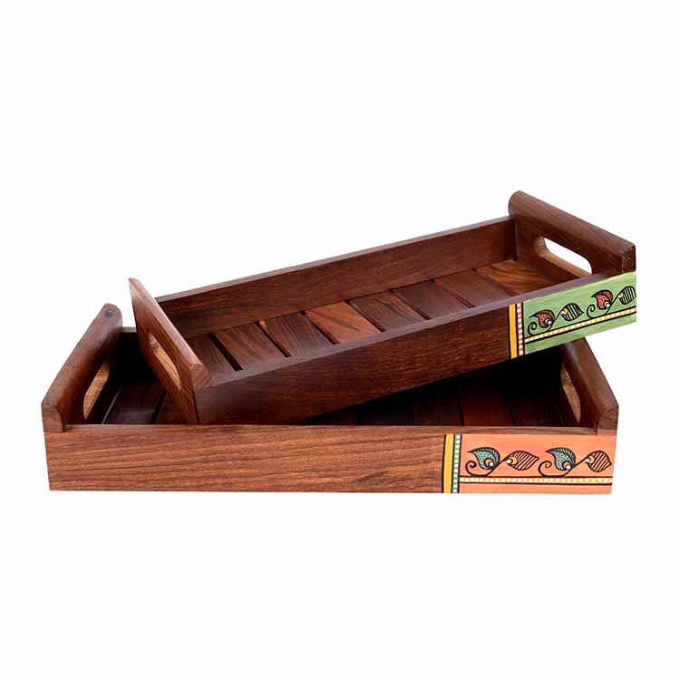 Trays with Madhubani Patterns Handcrafted in Rosewood - Set of 2 (13x7/11.5x5.5") - Dining & Kitchen - 2