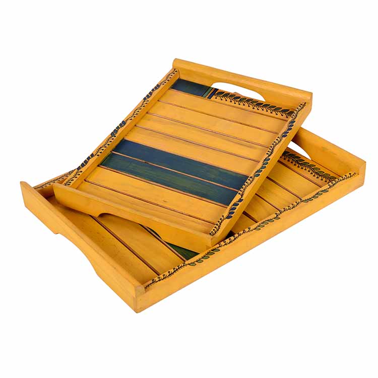 Trays in Yellow with Tribal Art Handcrafted in Rosewood - Set of 2 (14x10/12x8") - Dining & Kitchen - 2