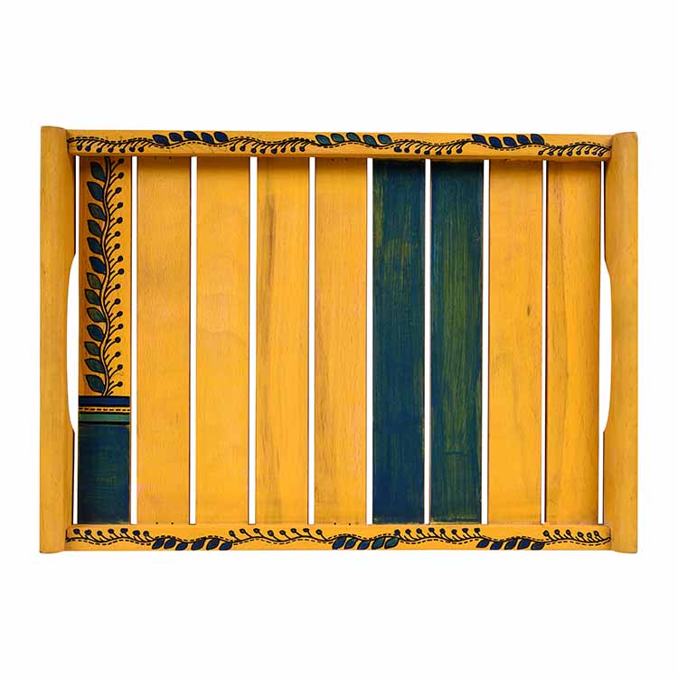 Trays in Yellow with Tribal Art Handcrafted in Rosewood - Set of 2 (14x10/12x8") - Dining & Kitchen - 3