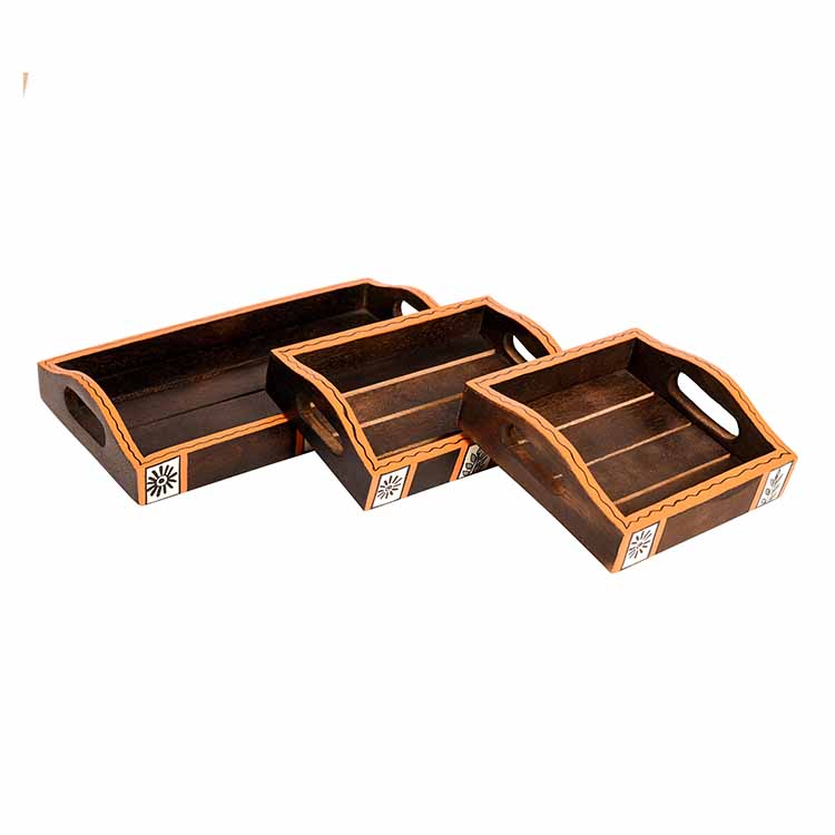 Trays with Tribal Art Handcrafted in MangoWood - Set of 3 (9x5/6x4/5x5") - Dining & Kitchen - 4