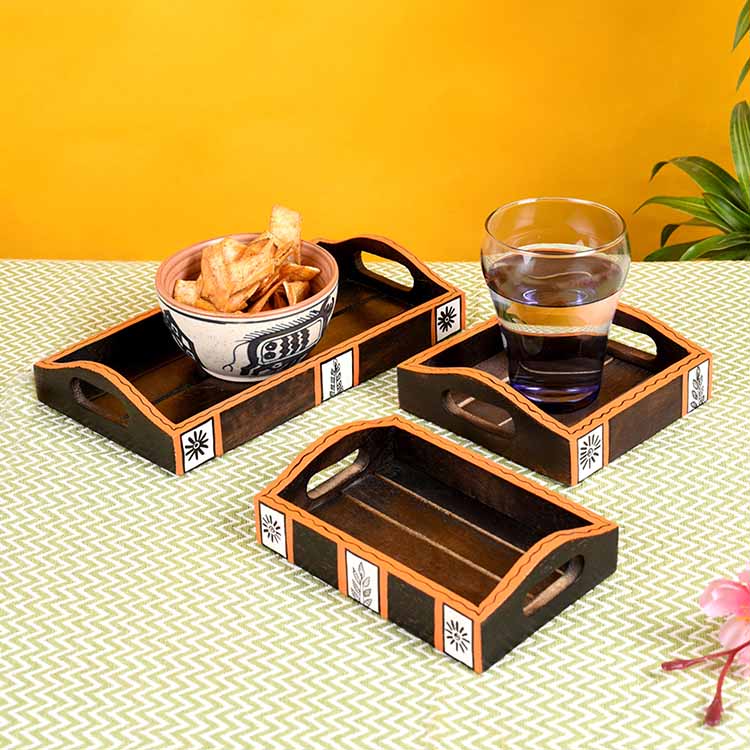 Trays with Tribal Art Handcrafted in MangoWood - Set of 3 (9x5/6x4/5x5") - Dining & Kitchen - 2