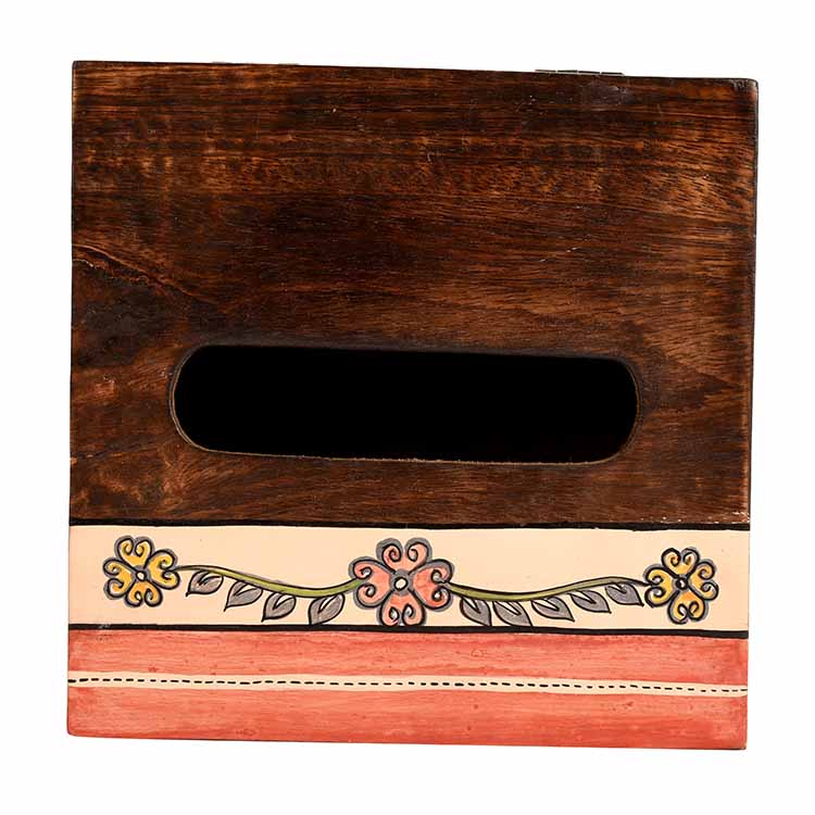 Tissue Box Handcrafted in Wood with Tribal Art Flower Design (7x7x2.5") - Dining & Kitchen - 5