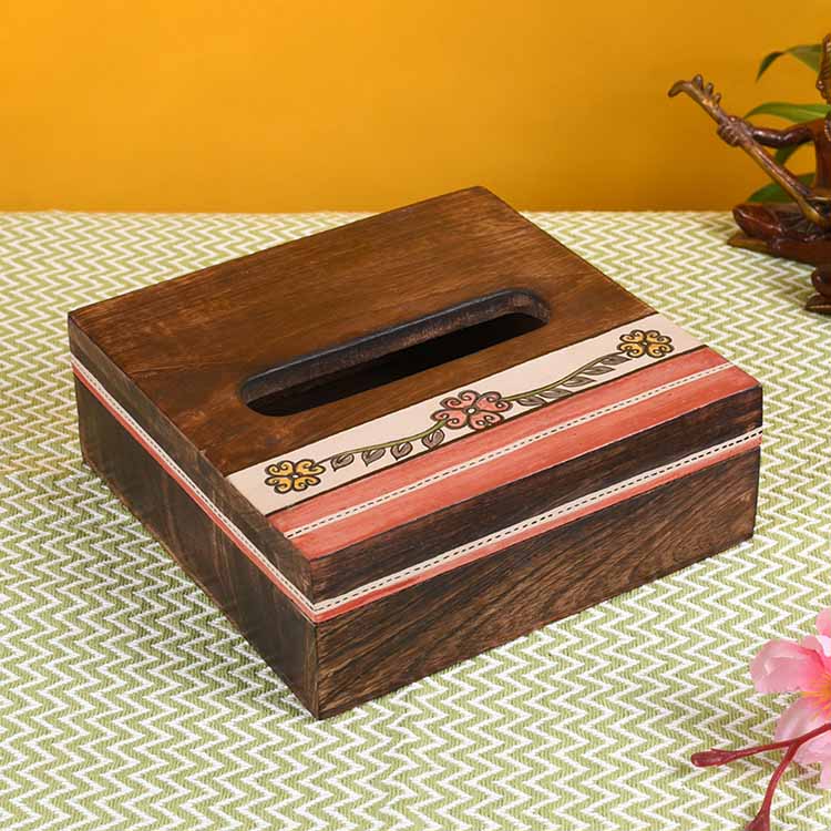 Tissue Box Handcrafted in Wood with Tribal Art Flower Design (7x7x2.5") - Dining & Kitchen - 2