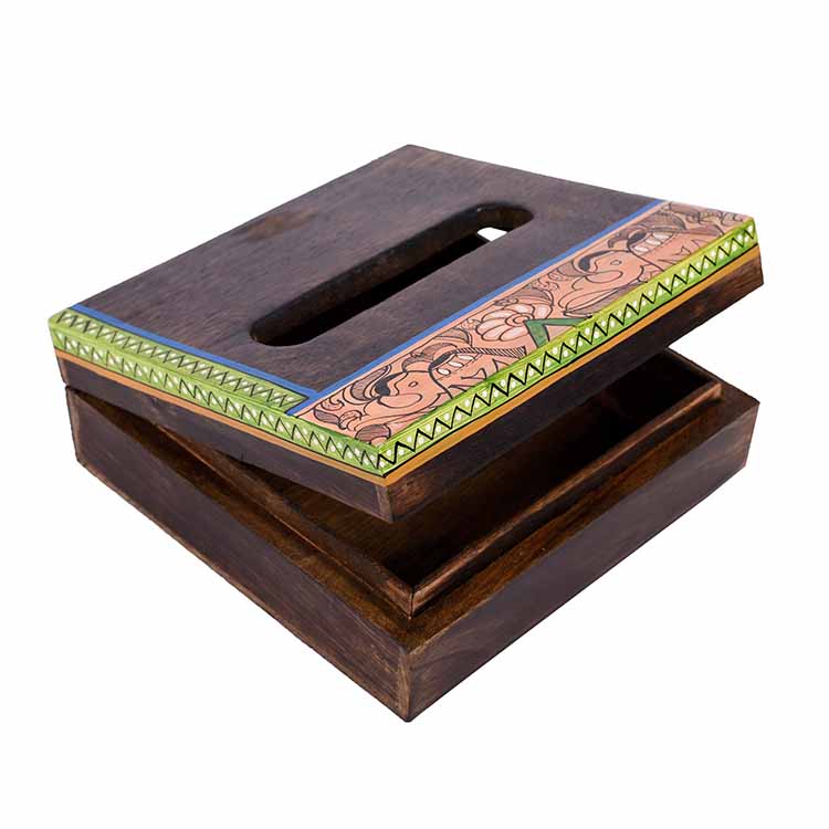 Tissue Box Handcrafted in Wood with Madhubani Painting (7x7x2.5") - Dining & Kitchen - 4