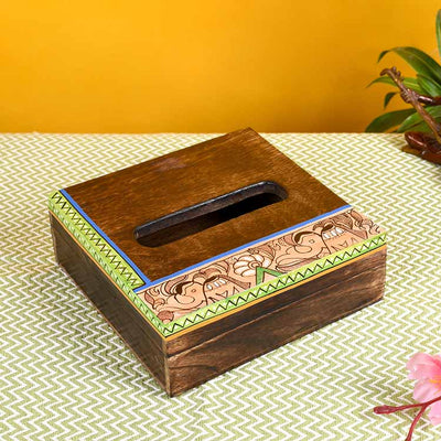 Tissue Box Handcrafted in Wood with Madhubani Painting (7x7x2.5") - Dining & Kitchen - 2