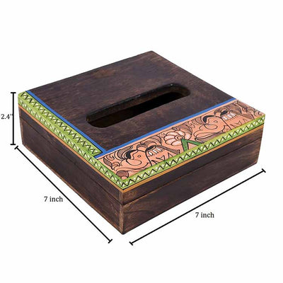 Tissue Box Handcrafted in Wood with Madhubani Painting (7x7x2.5") - Dining & Kitchen - 7