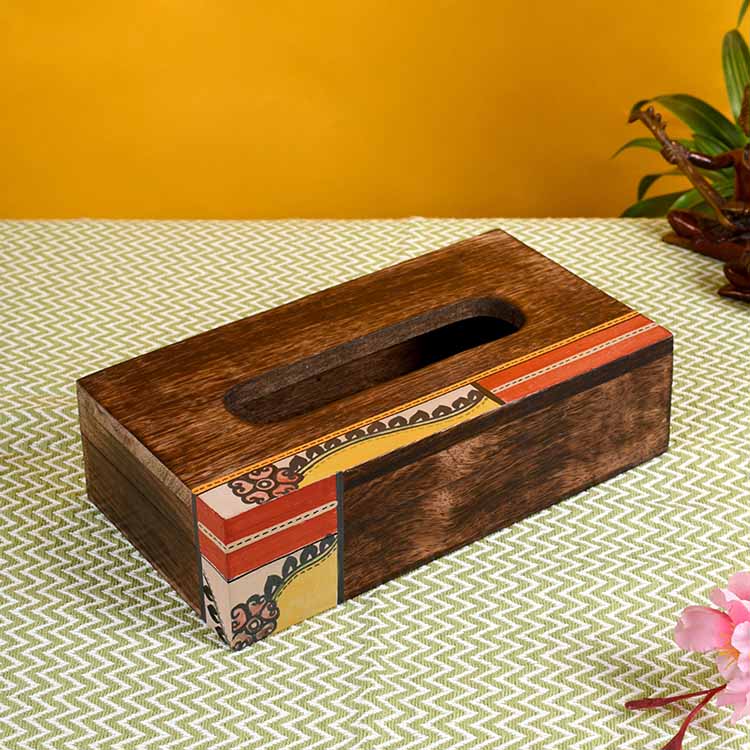 Tissue Box Handcrafted in Wood with Tribal Art Flower Design (9x5x2.5") - Dining & Kitchen - 2