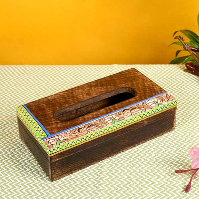 Tissue Box Handcrafted in Wood with Madhubani Painting (9x5x2.5") - Dining & Kitchen - 2
