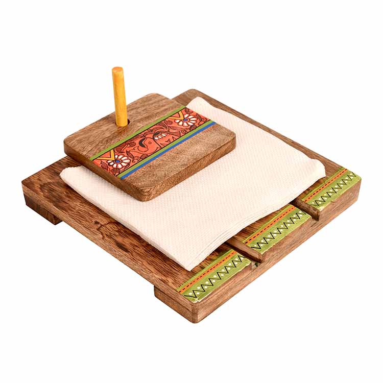 Tissue Holder Handcrafted in Wood with Tribal Art (7x7.4x3.5") - Dining & Kitchen - 4