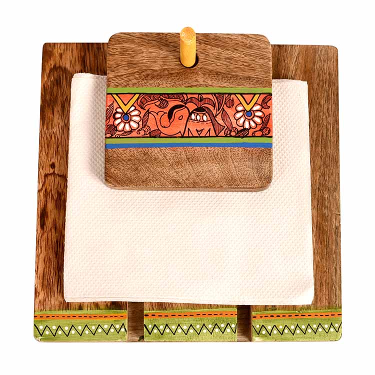 Tissue Holder Handcrafted in Wood with Tribal Art (7x7.4x3.5") - Dining & Kitchen - 3