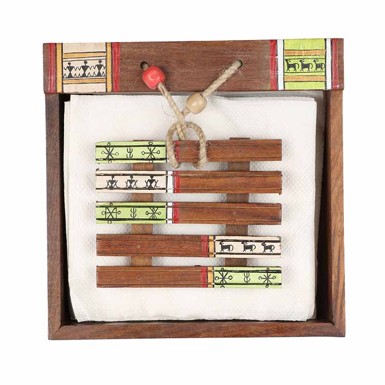Tissue Holder with Wooden Coaster Paper Weight (7x7x2.3") - Dining & Kitchen - 6