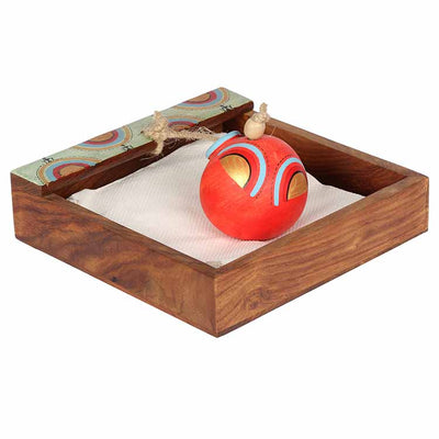 Tissue Holder in Wood with Terracotta Pot Paper Weight Handpainted with Tribal Art (7x7x3") - Dining & Kitchen - 4