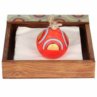 Tissue Holder in Wood with Terracotta Pot Paper Weight Handpainted with Tribal Art (7x7x3") - Dining & Kitchen - 2
