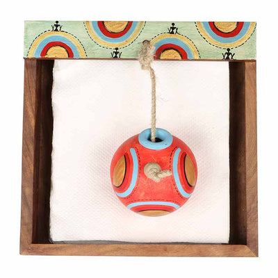 Tissue Holder in Wood with Terracotta Pot Paper Weight Handpainted with Tribal Art (7x7x3") - Dining & Kitchen - 6