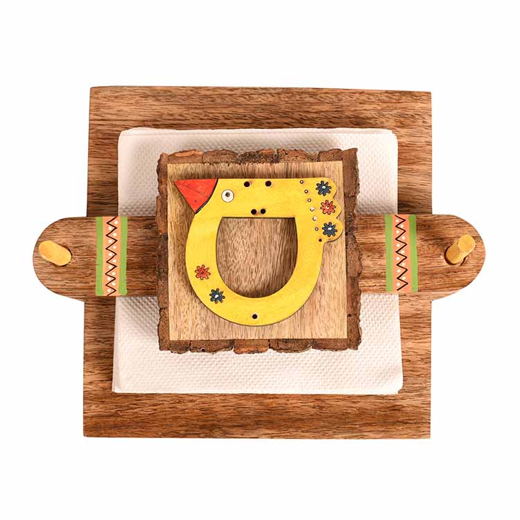 Tissue Holder with Bird Design Handcrafted in Wood with Tribal Art (9.5x7.5x3.5") - Dining & Kitchen - 3